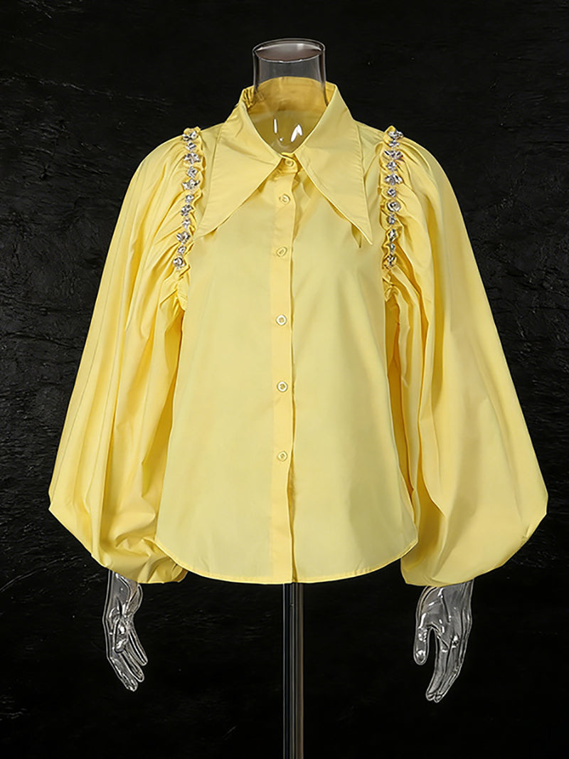 Fashion Puff Sleeve Rhinestone Embellished Casual Shirt