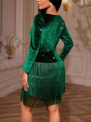 Elegant Sequin Velvet Tiered Fringe Mini Dress