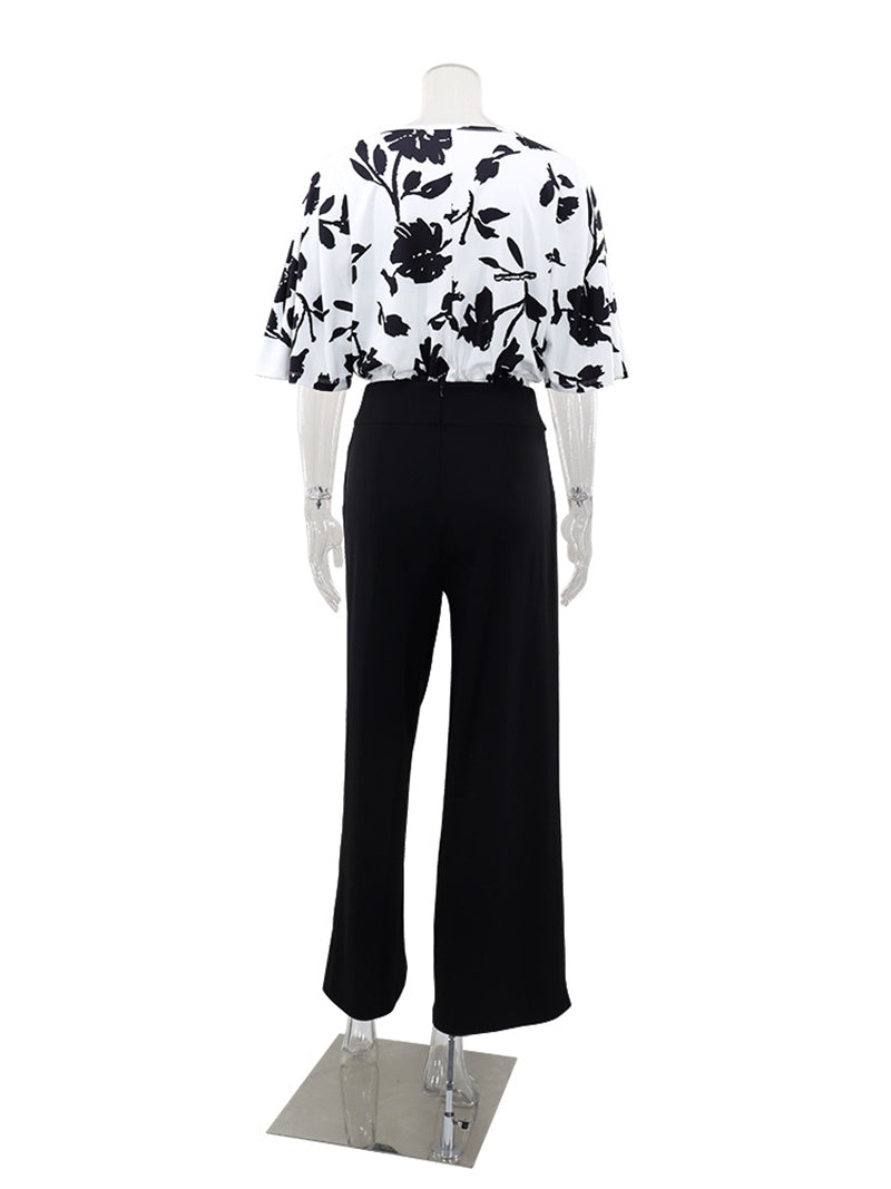 Elegant Print T Shirt Straight Pants Two Piece Set
