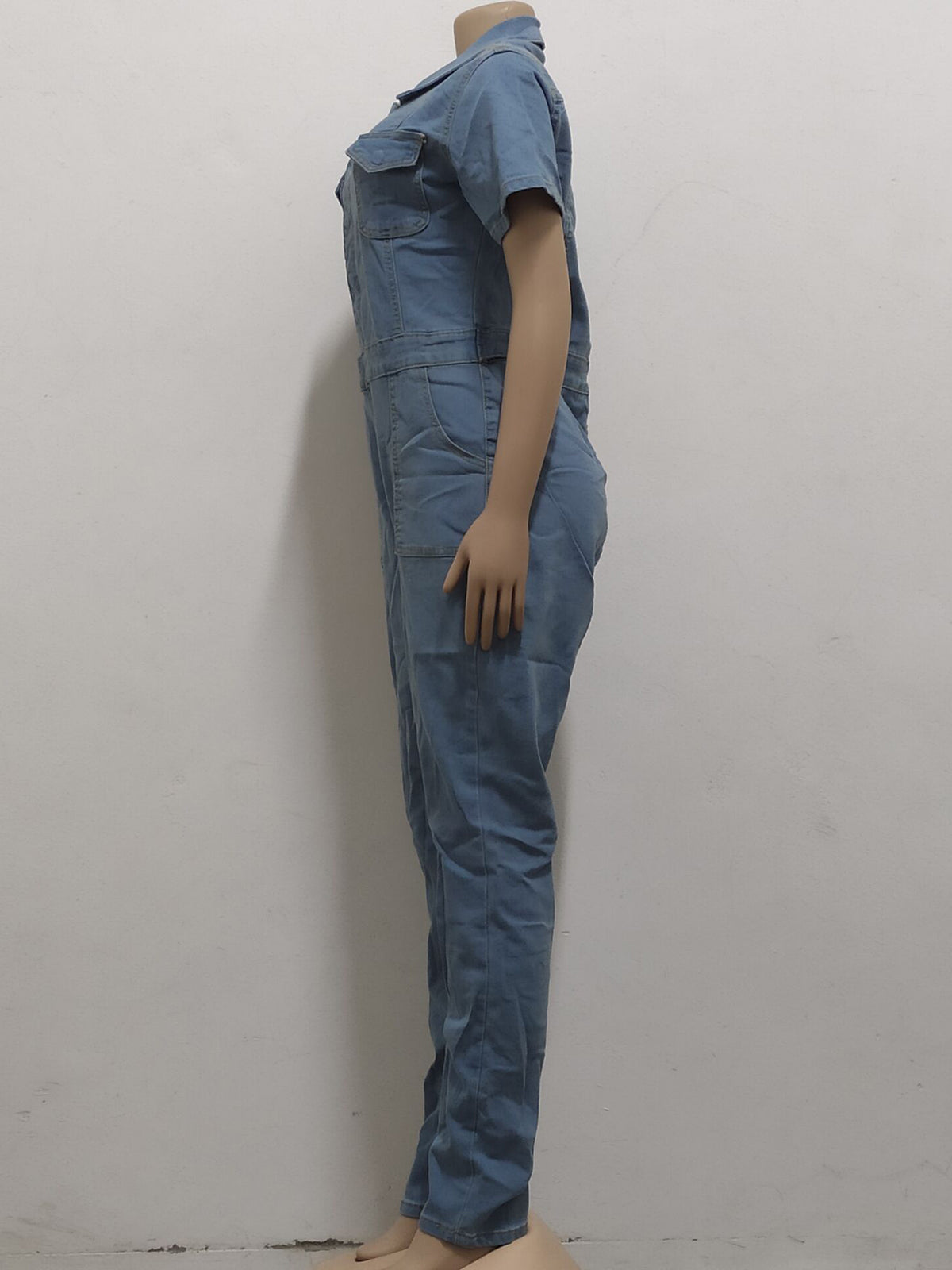 Casual Short Sleeve Button Down Denim Jumpsuits