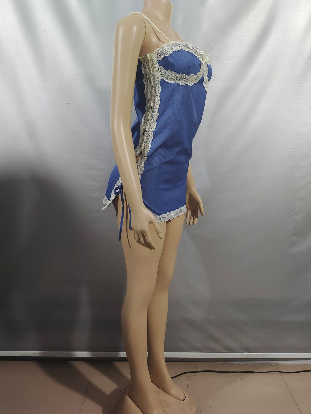 Sexy Lace Bandage Denim Patchwork Mini Dress