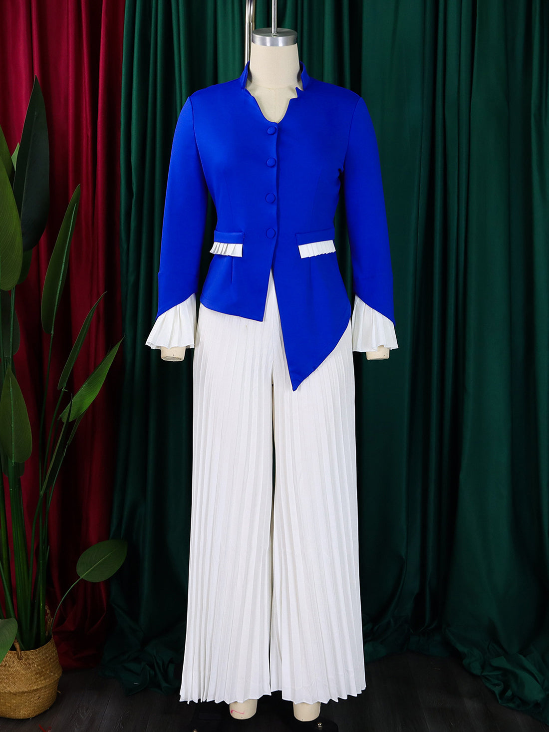Casual V-neck Asymmetry Top Pleated Wide Leg Pants Set