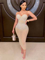 Rhinestone Mesh Corset Midi Dress