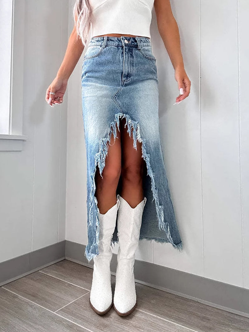 High Waist Irregular Tassel Casual Denim Skirt