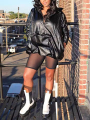 Fashion PU Leather Long Sleeve Loose Hooded Sweatshirt