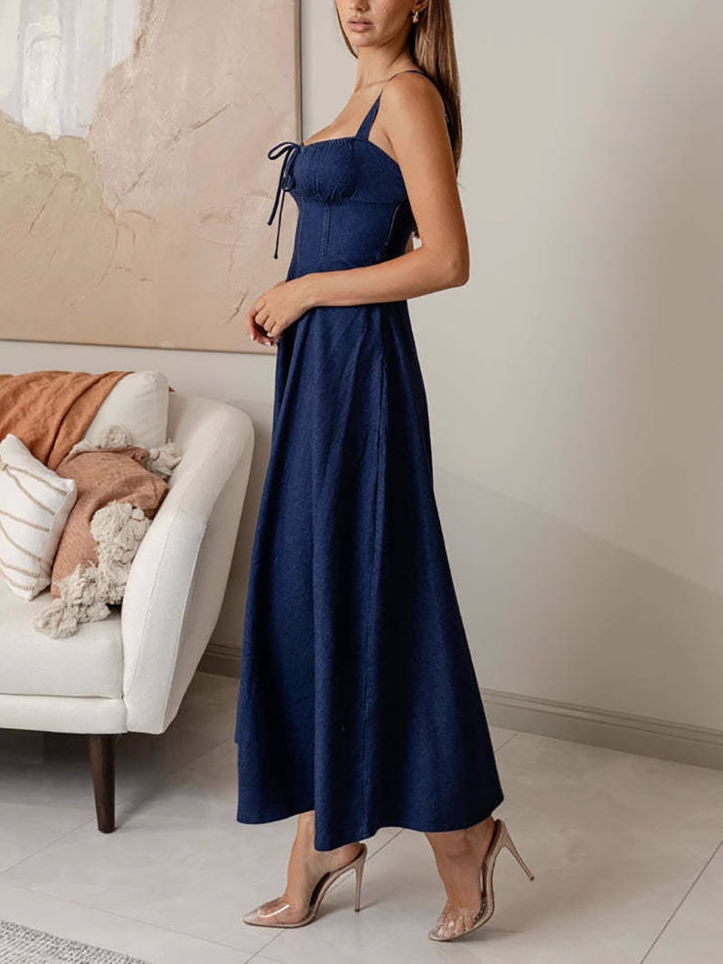 Elegant Sleeveless Lace-up Denim Suspenders Dress