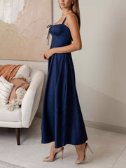 Elegant Sleeveless Lace-up Denim Suspenders Dress