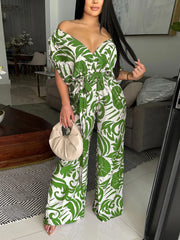 Casual Print Off Shoulder Lace-up Wide Leg Jumpsuit