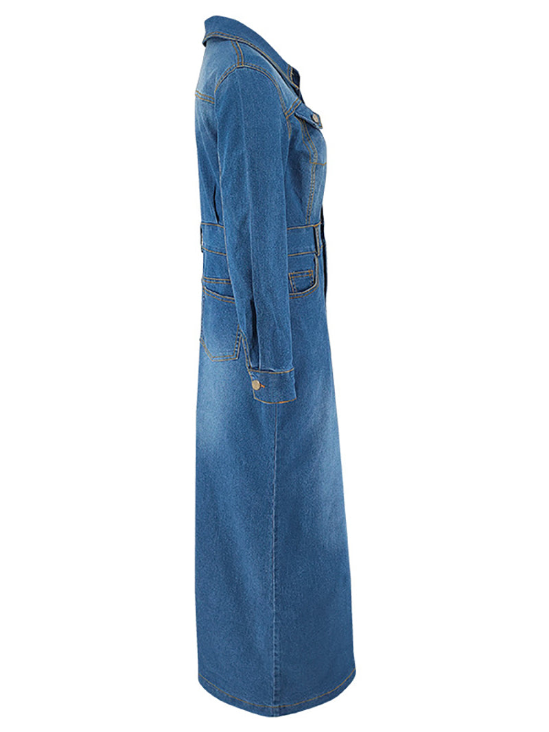 Fashion Lapel Button High Waist Slim Denim Dress