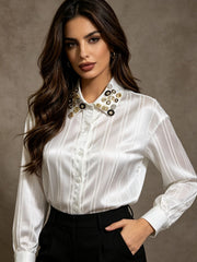 Textured Satin Stripe Button Blouse