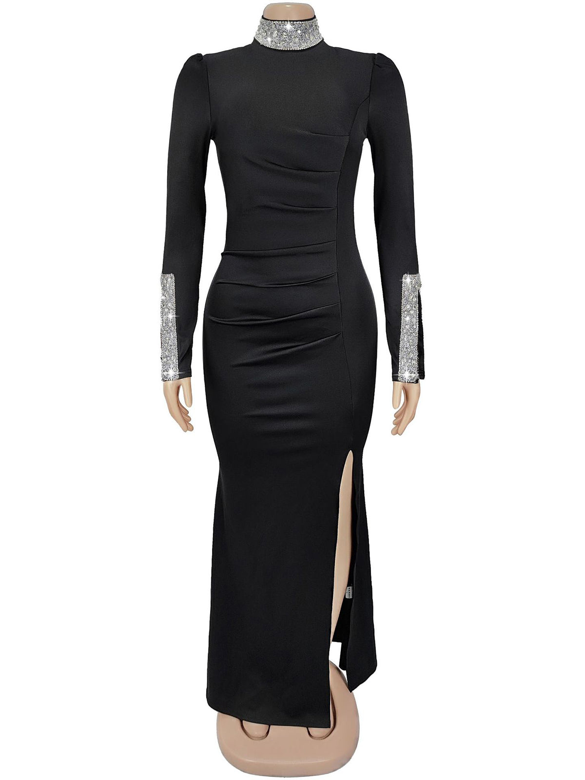 Elegant Long Sleeve Sparkling Rhinestone Slit Maxi Dress