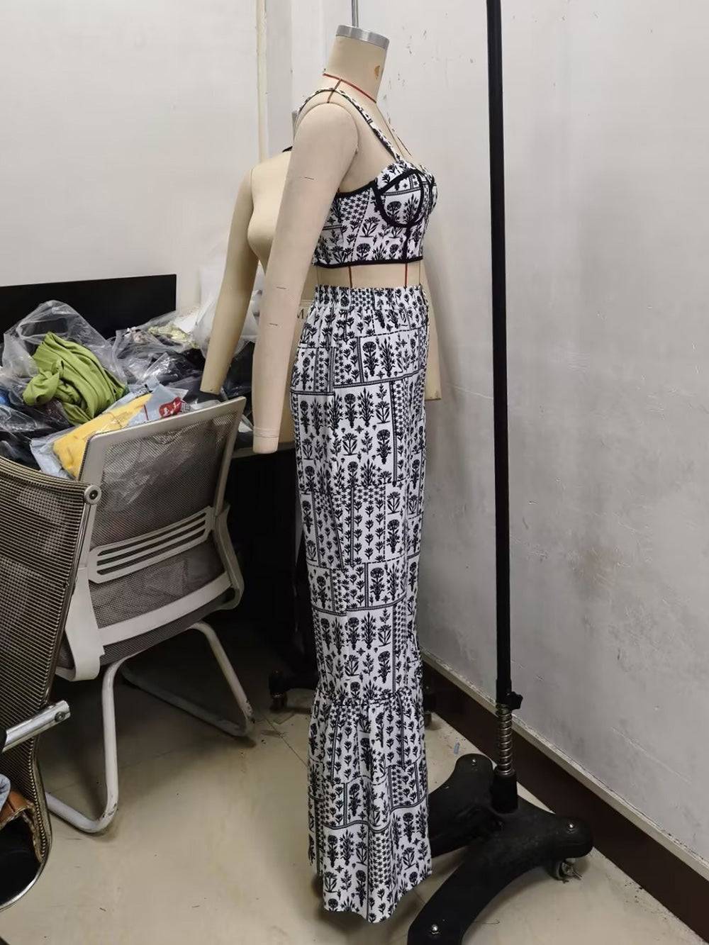 Print Crop Top High Waist Flared Trousers Two Piece Set