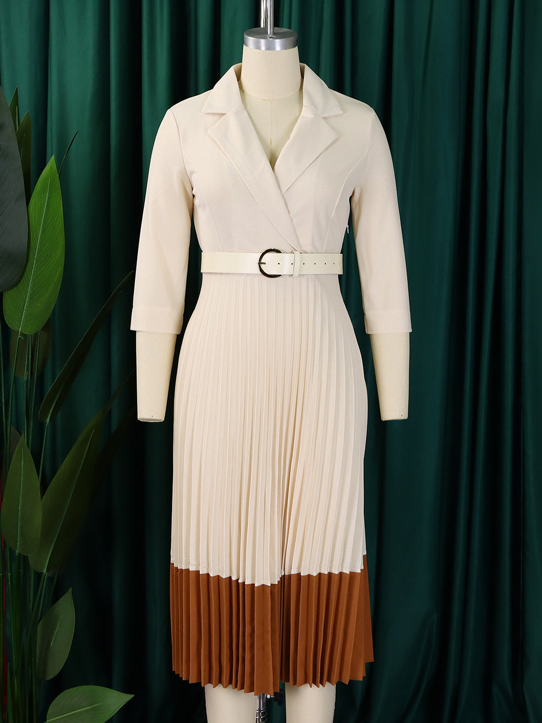 Fashion Cinched Waist Two-Tone Belted Pleated Dress