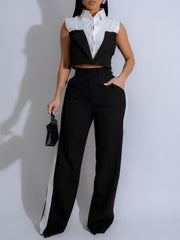 Casual Sleeveless Crop Vest Straight Pants Two Piece Set