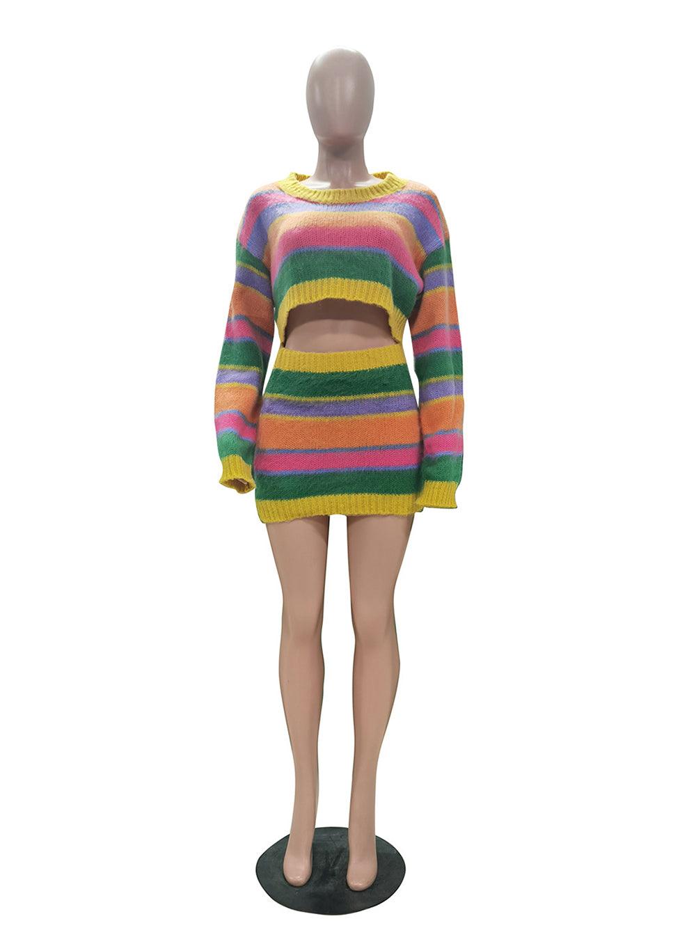 Color Block Stripe Knit Crop Sweater And Skirt Club Set