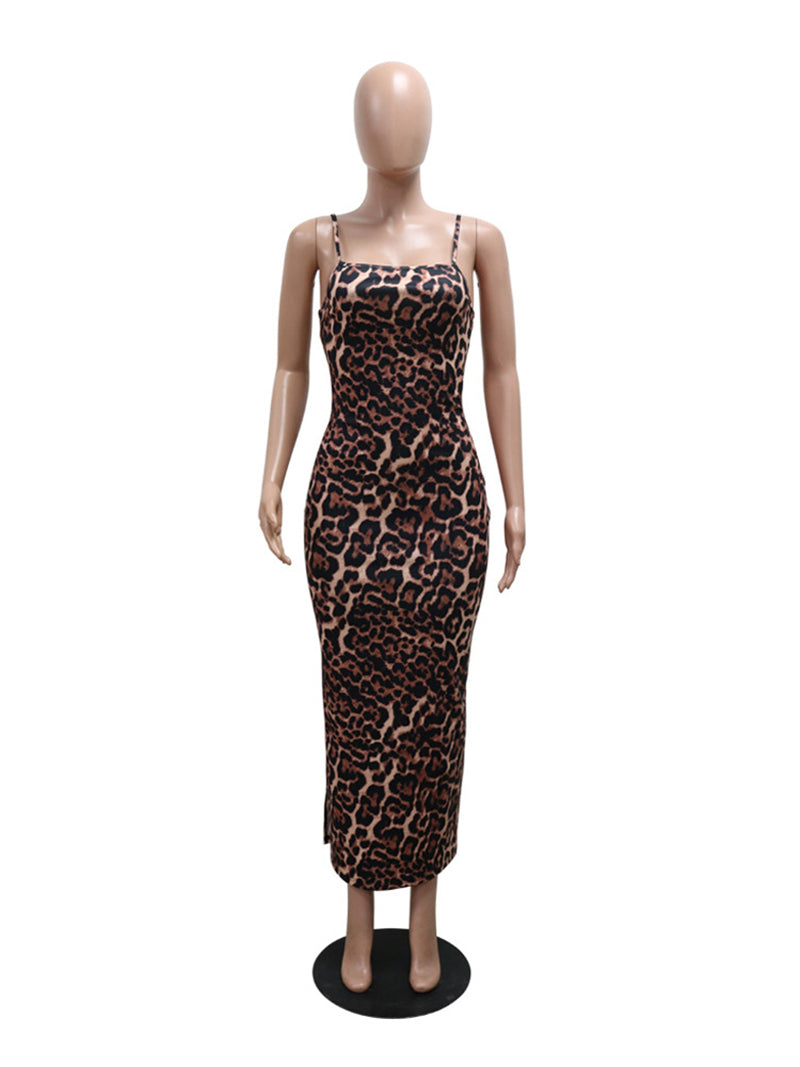 Sexy Cropped Coat Leopard Print Maxi Dress Set