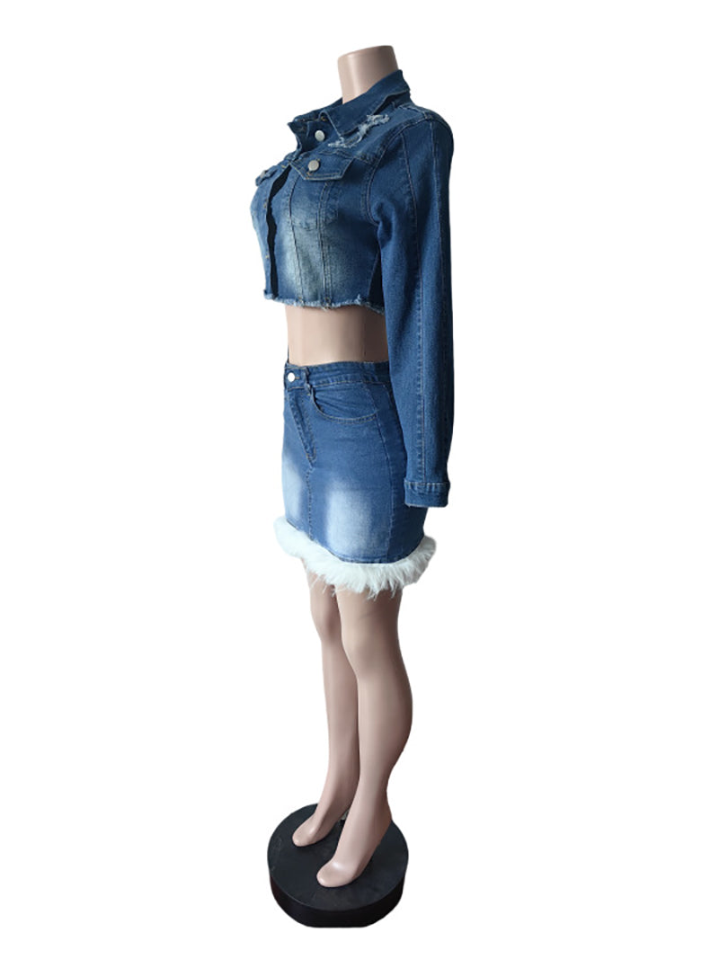 Casual Stretchy Denim Jacket and Skirt Two-Piece Set
