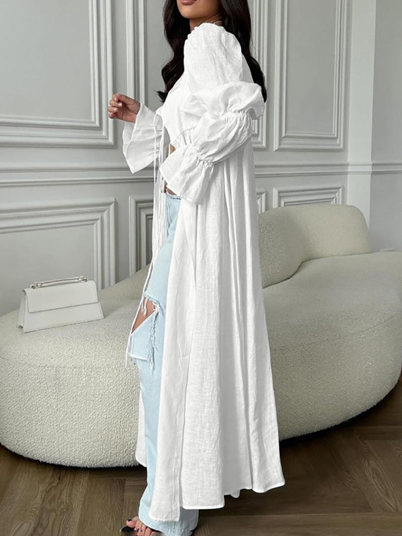 Elegant Cardigan Lace-up Blouse Maxi Dress