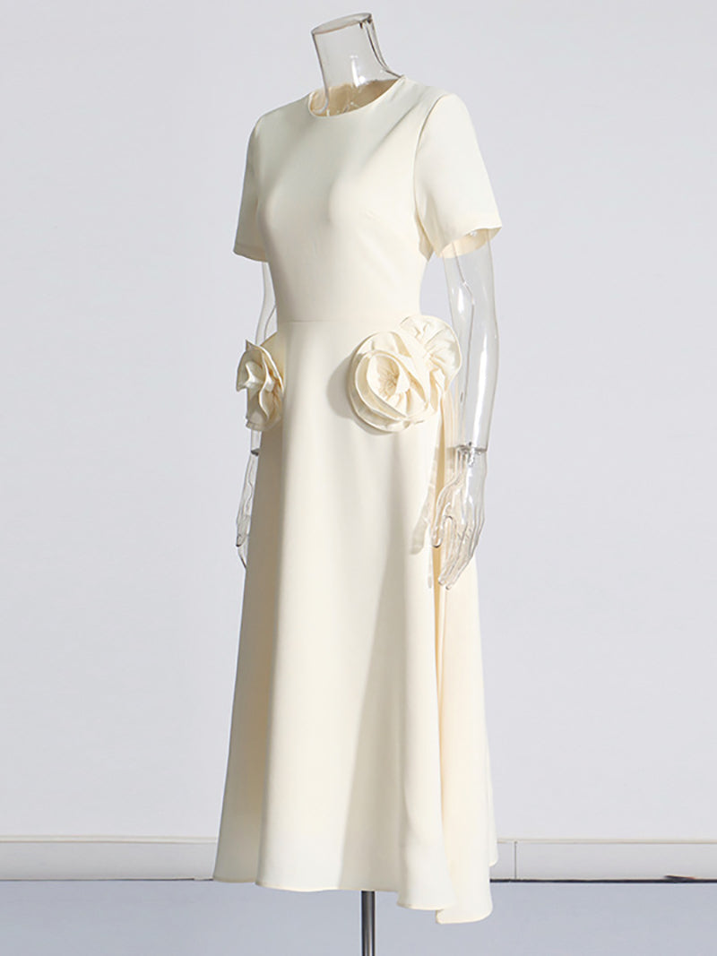 Elegant Floral Applique Short Sleeves Midi Dress