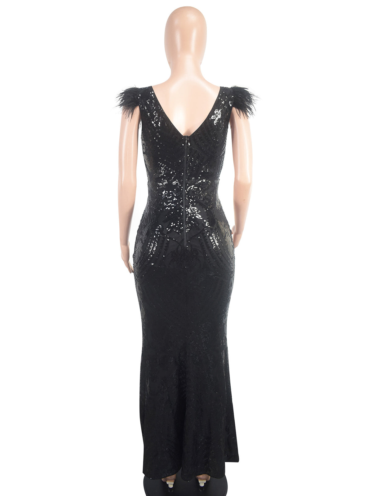 Sexy V Neck Sequin Feather Maxi Dress