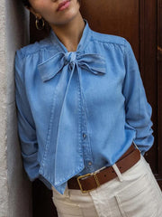 Fashion Tie Neck Long Sleeve Denim Top