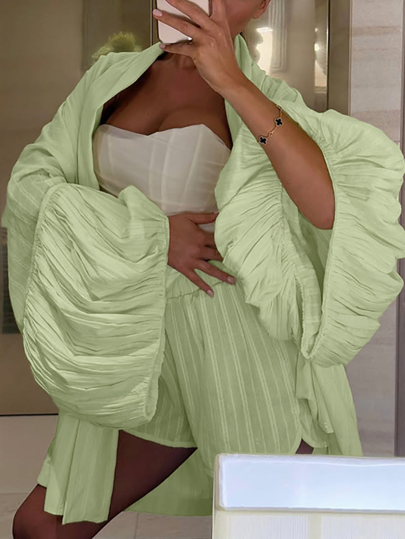 Fashion Petal Sleeve Loose Blouses And Shorts Sets