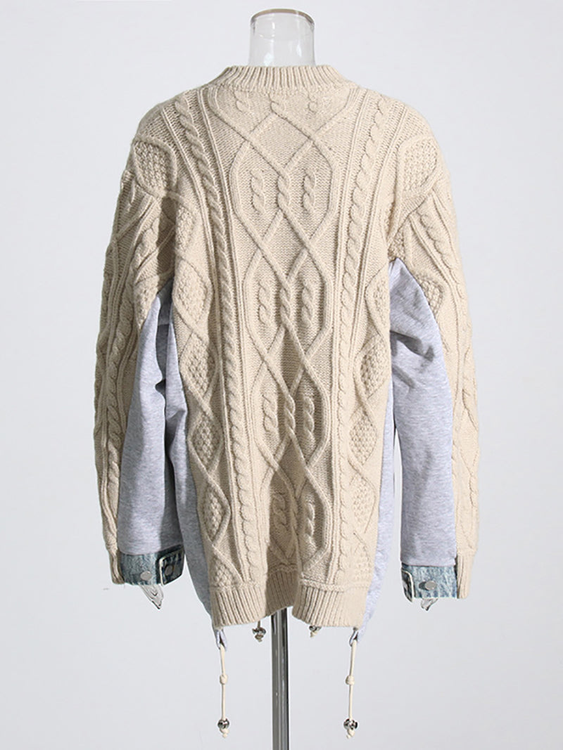 Colorblock Patchwork Drawstring Knit Sweaters