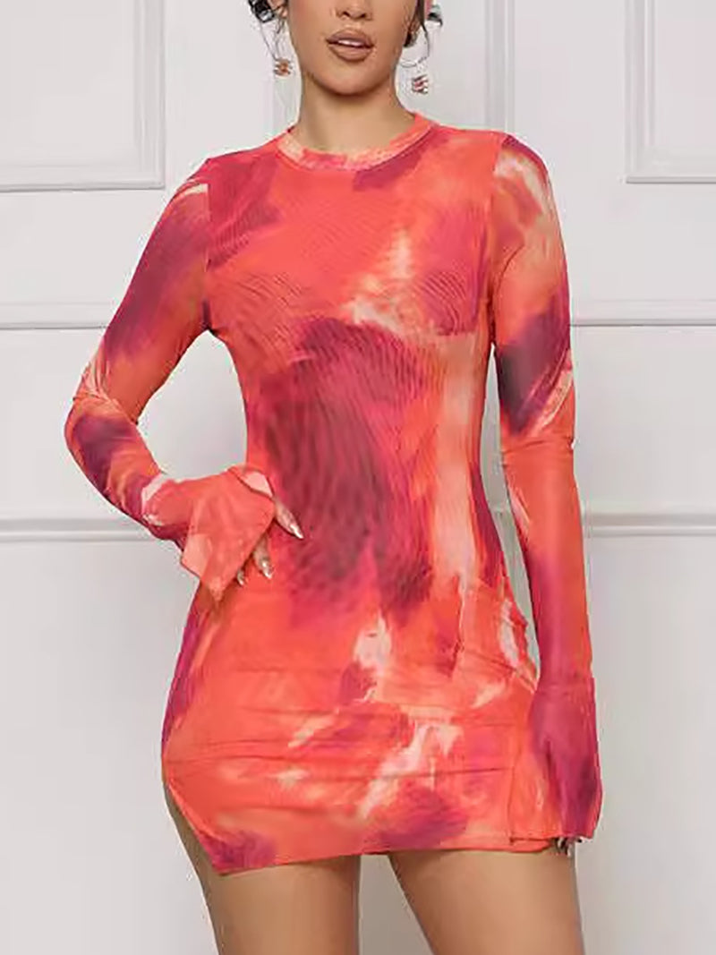 Print See Through Long Sleeve Mesh Mini Dress