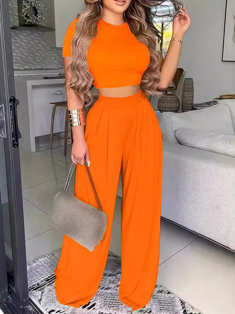 Solid Color Crop Top Wide Leg Pants Two-Piece Set