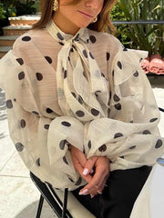 Casual Ruffle Puff Sleeve Sheer Heart Print Blouse
