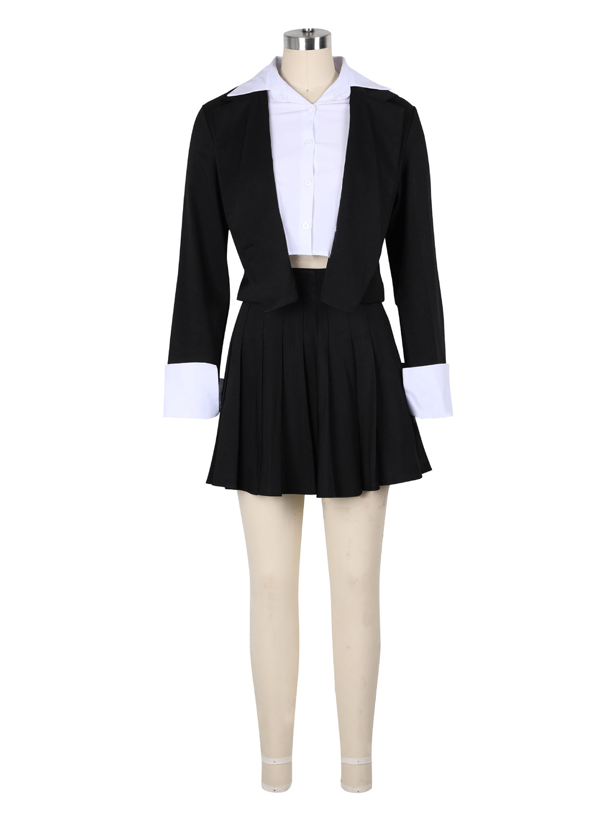 Casual Crop Blazer Pleated Skirt Two Piece Set