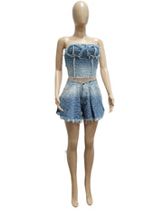 Gradient Color Tassel Denim Shorts Two Piece Set