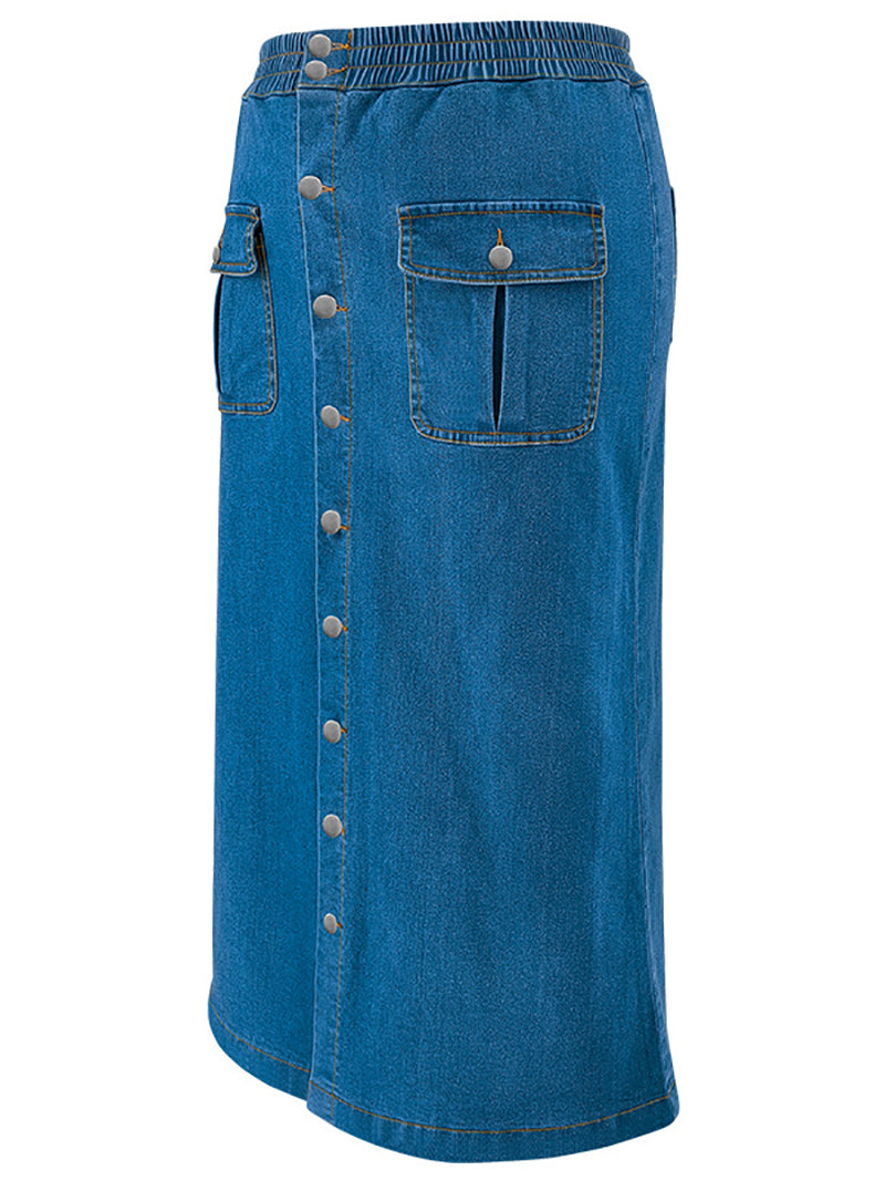 High Waist Button Fly Flap Detail Denim Skirt