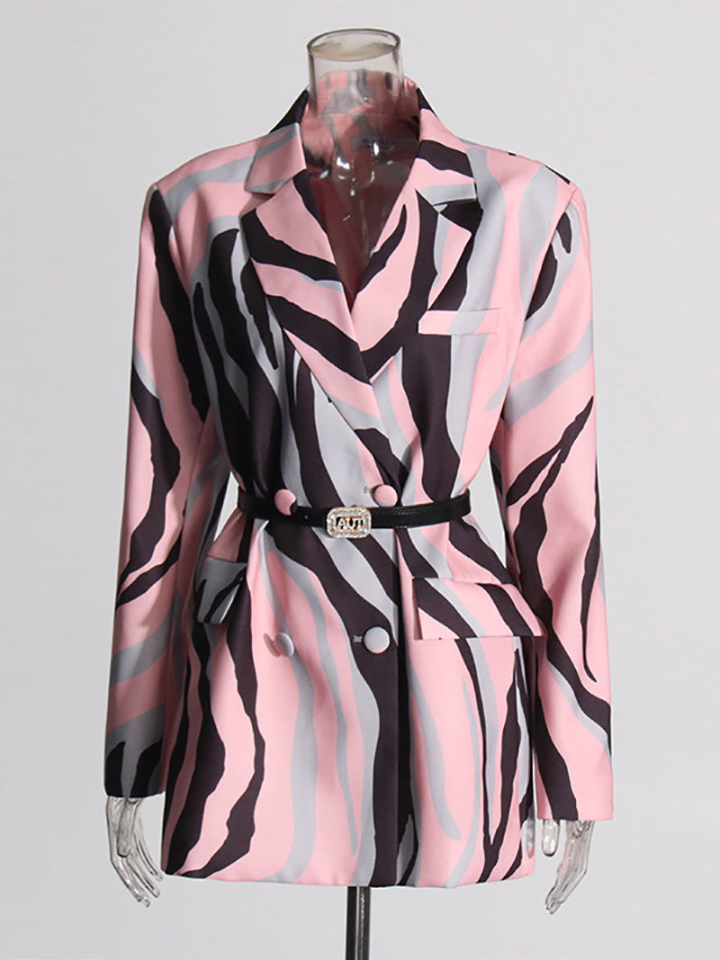 Fashion Pink Abstract Prints Belted Blazer