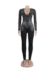 Sexy Deep V Rhinestone Tight Jumpsuit