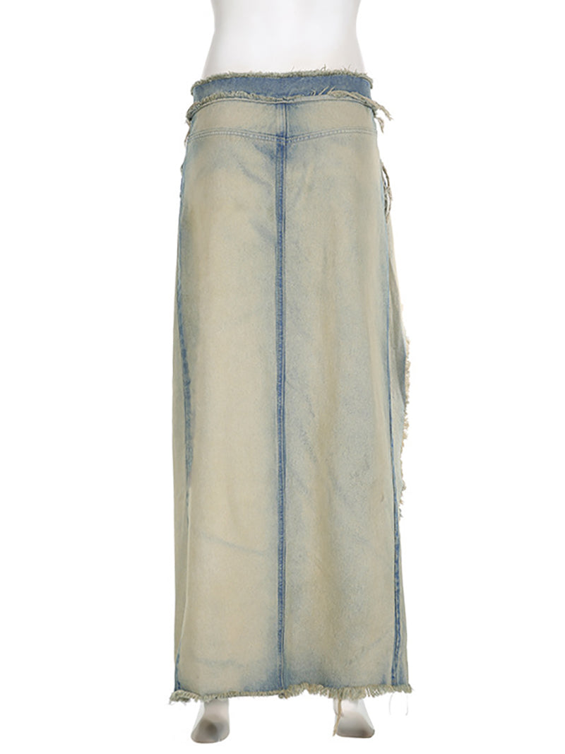 Denim Patchwork Irregularity Slit Long Skirt