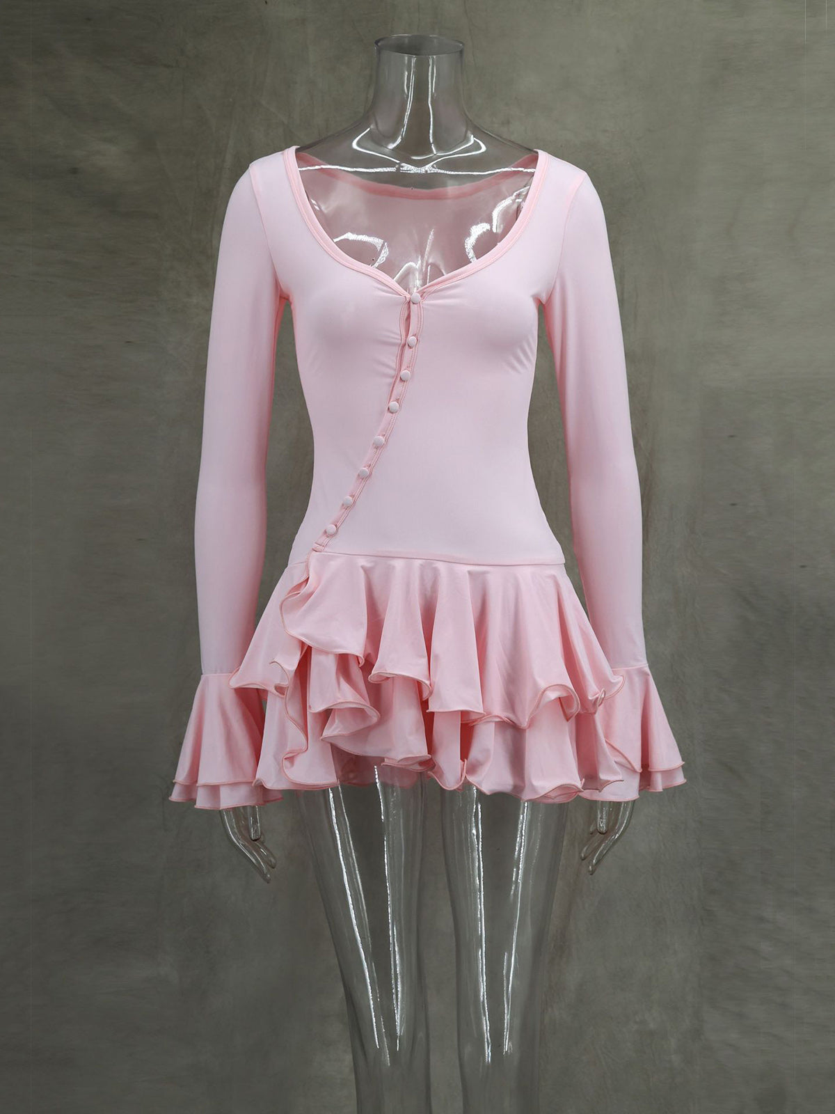 Fashion Button Up Ruffle Hem Slim Mini Dress