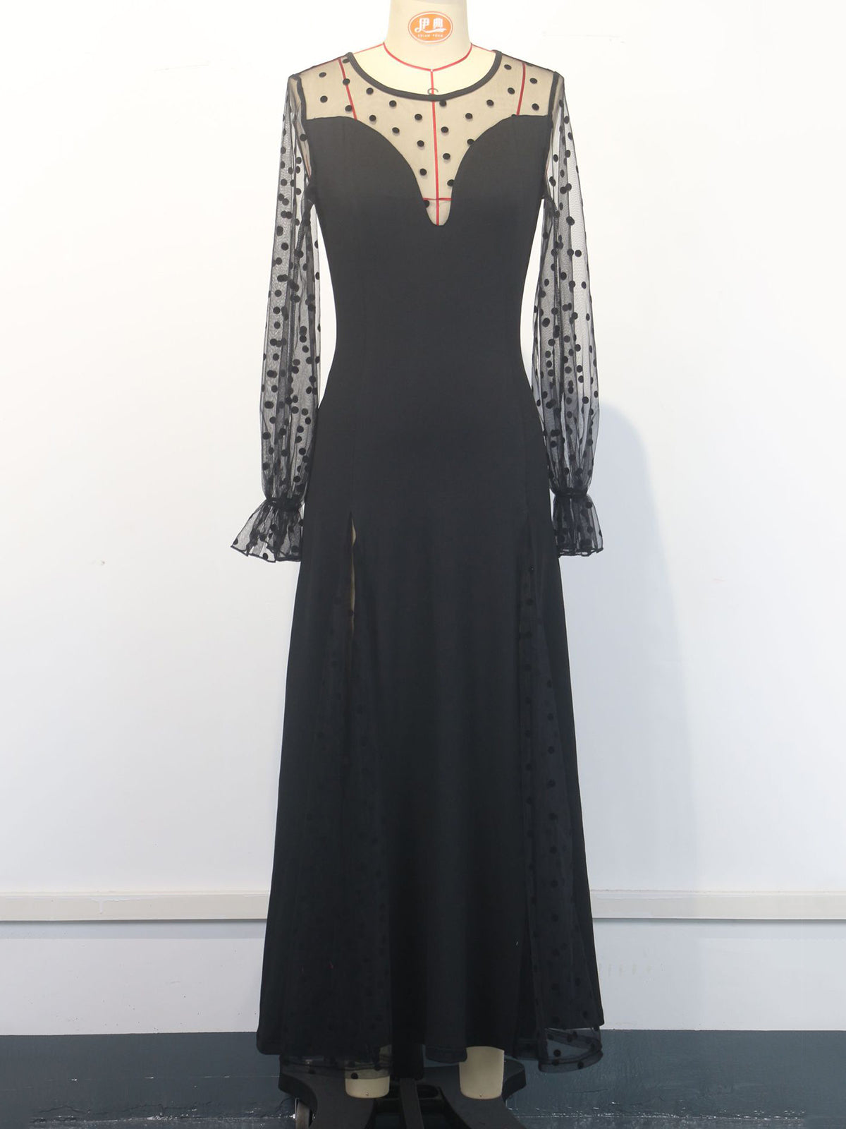 Polka Dot Lace Patchwork Lantern Sleeve Dress