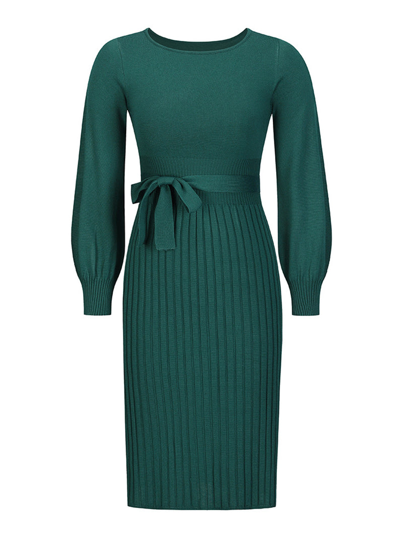 Fashion Round Neck Knit Pleated Sweater Dress