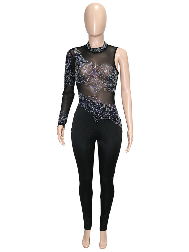 Sexy See through Mesh Rhinestone Bodycon Jumpsuit