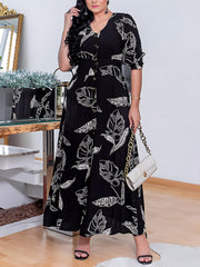 Elegant Print Buckle Patchwork V Neck Long Dress