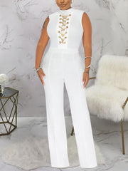 Solid O Neck Sleeveless Wide Leg Pant Jumpsuit