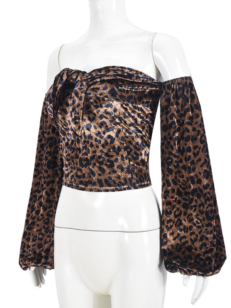 Leopard Print Lantern Sleeve Strapless Crop Top