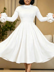 Mock Neck Floral Sleeve A Line Midi Dress