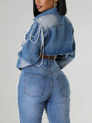 Pearl Detail Cropped Denim Jacket