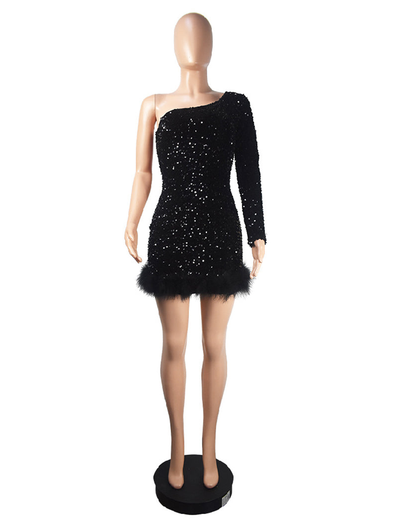 Sexy Sequin One Shoulder Feather Mini Dress