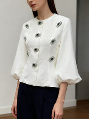 Fashion Rhinestone Puff Sleeve Slim Jacket