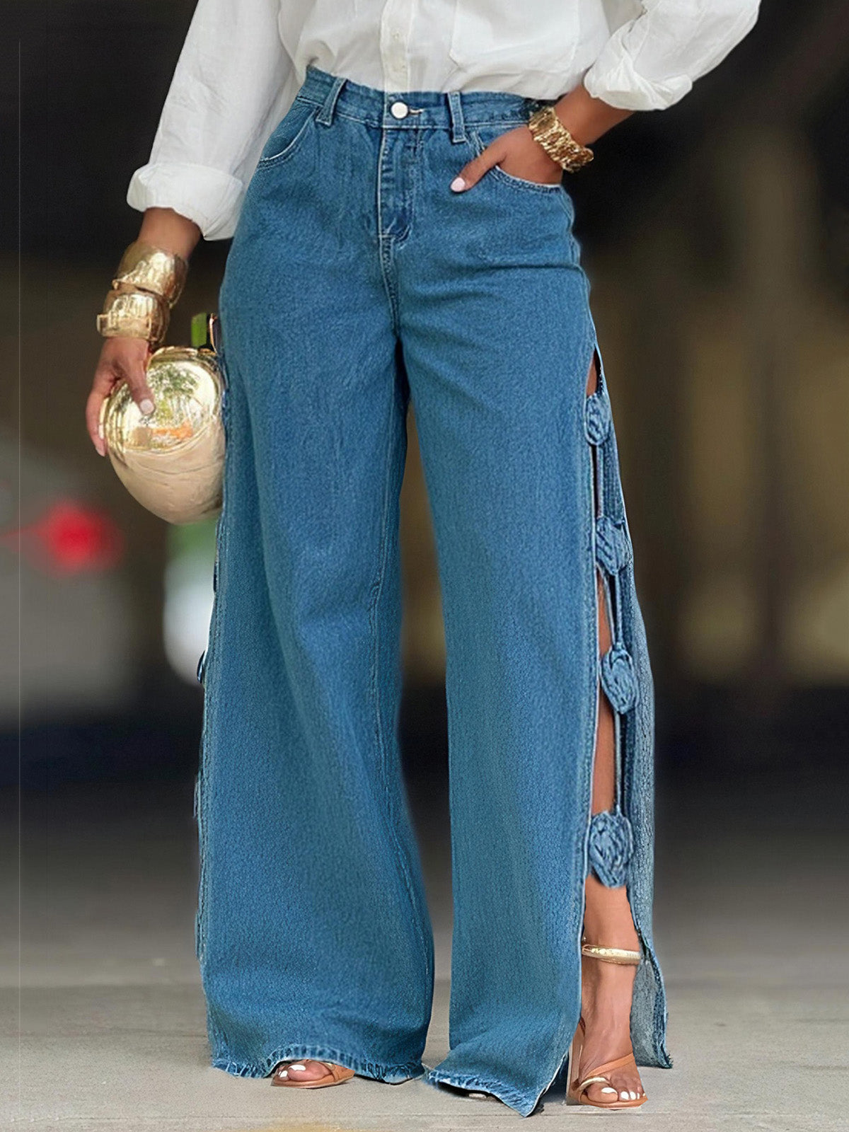 Fashion Cut Out Side Slit 3D Rose Jeans