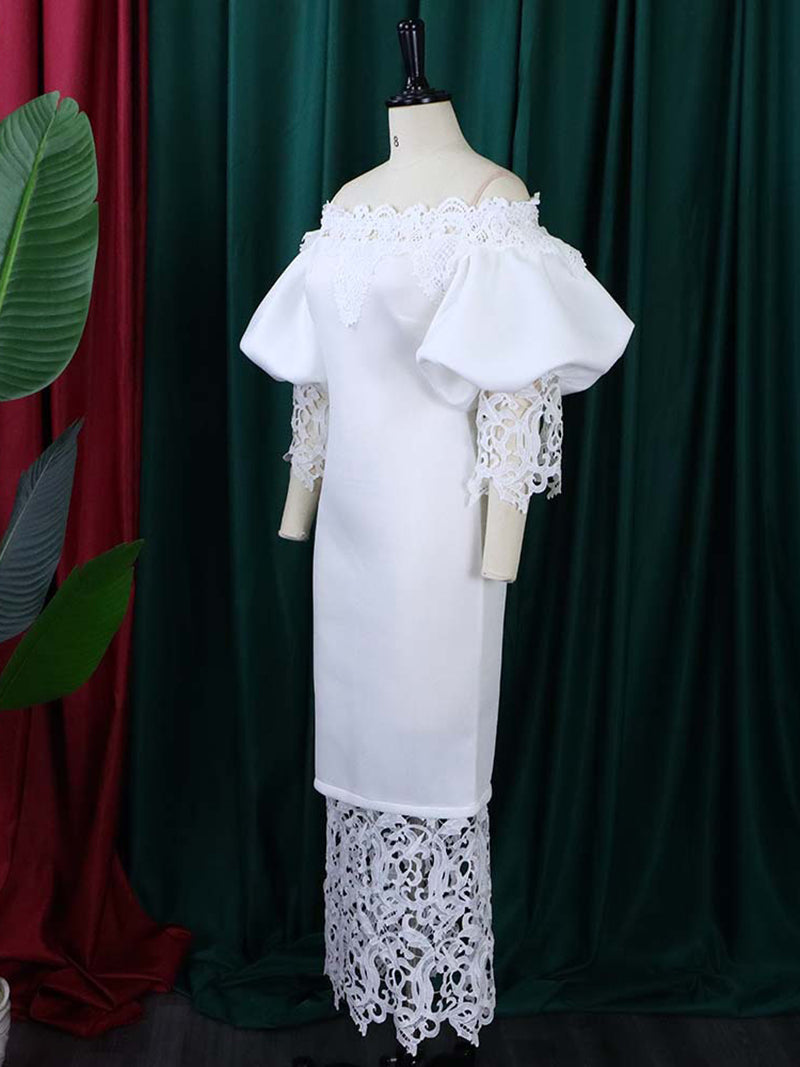 Elegant Off Shoulder Puff Sleeve Patchwork Lace Dress