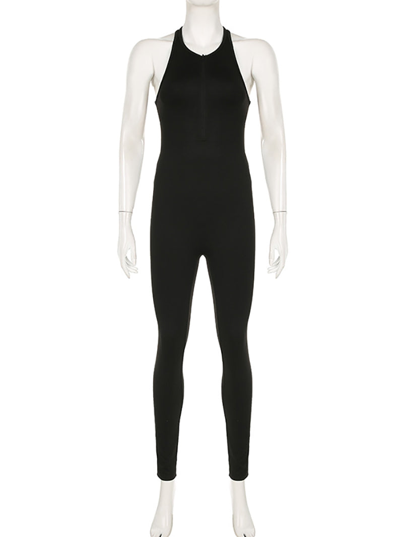 Casual Zipper Half Open Sports Yoga Jumpsuit